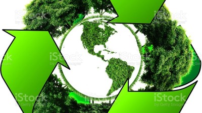 Recycle logo with tree and earth. Eco globe with recycle signs. (Elements of this 3d rendered image furnished by NASA)